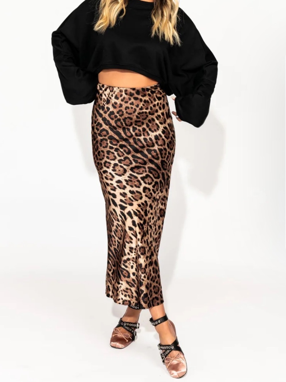 Dressed in Lala Supernova Bias Satin Skirt in Leopard Print